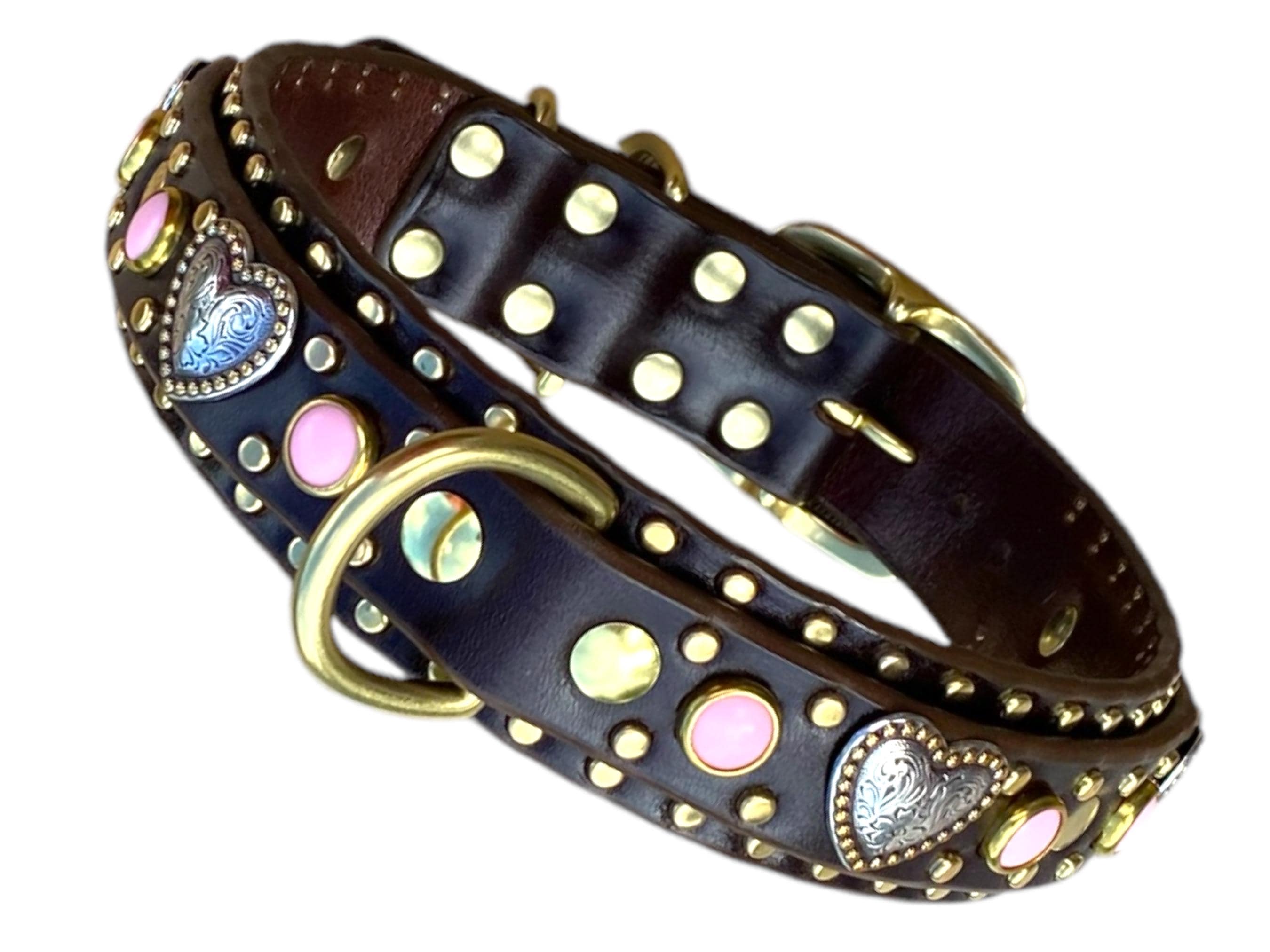 Leather Dog Collar, Personalized Dog Collar, Crystal Dog Collar, Studded Dog Collar, Hearts Dog Collar. 1.5 inch wide dog collar