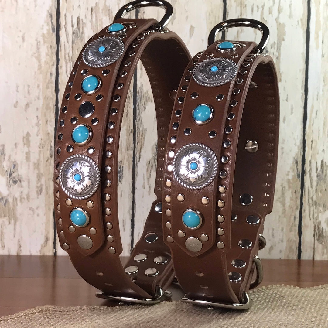 Western Leather Dog Collar, Personalized Dog Collar, Turquoise Collar, Studded Dog Collar