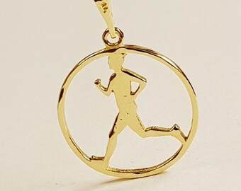 14K Gold Round Pendant & Necklace, Athletic Runner Handmade Jewelry, Men Fashion, Ironman Triathlon Gift, Father Gift, Jogging Gift