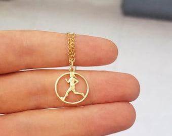 Round Pendant Sterling Silver 925 Running Girl Charm, SIlver Necklace, Marathon Runner, Running Jewelry Gifts