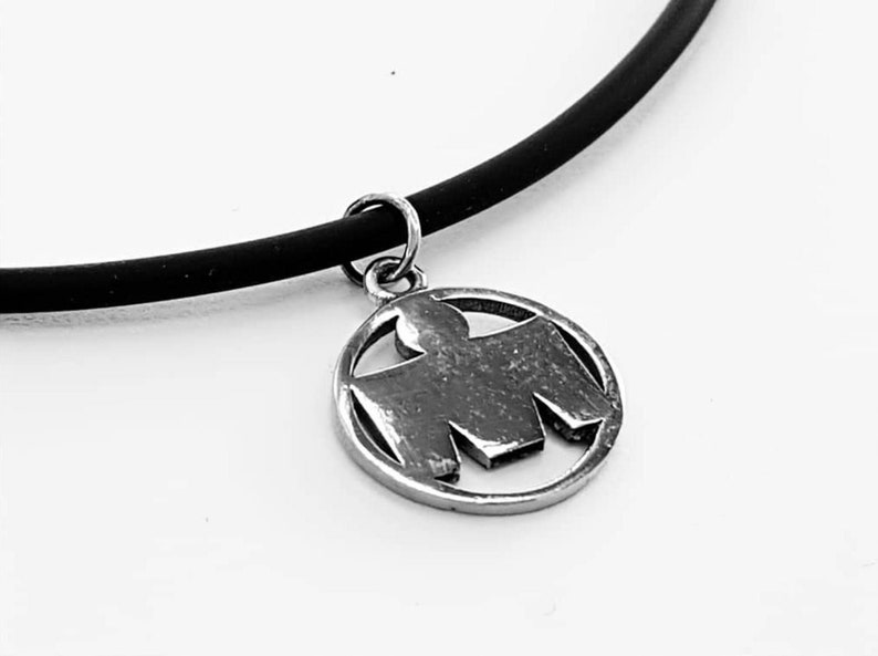 May include: A black rubber necklace with a silver pendant featuring a stylized bird design.
