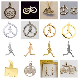 May include: A collection of gold, silver, and rose gold pendants featuring a variety of designs, including the Olympic rings, a runner, a bicycle, and the number 42.2. The pendants are perfect for adding a personal touch to any necklace.