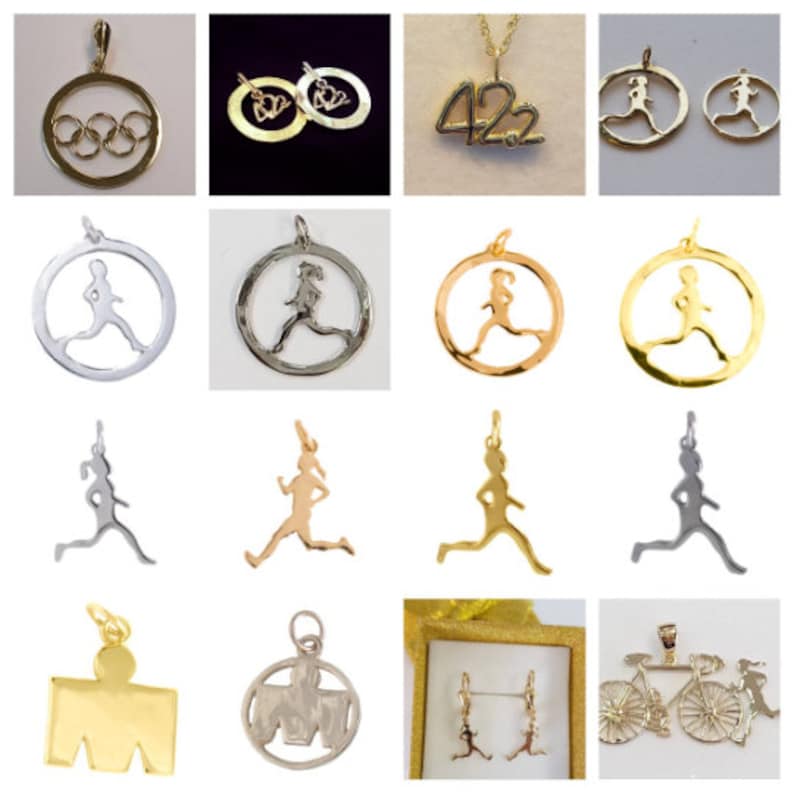 May include: A collection of gold, silver, and rose gold pendants featuring a variety of designs, including the Olympic rings, a runner, a bicycle, and the number 42.2. The pendants are perfect for adding a personal touch to any necklace.