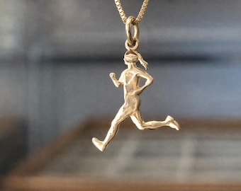 14K Gold Running Woman Pendant Necklace, Athlete Gift Running Girl Charm For Women Athlete Gift