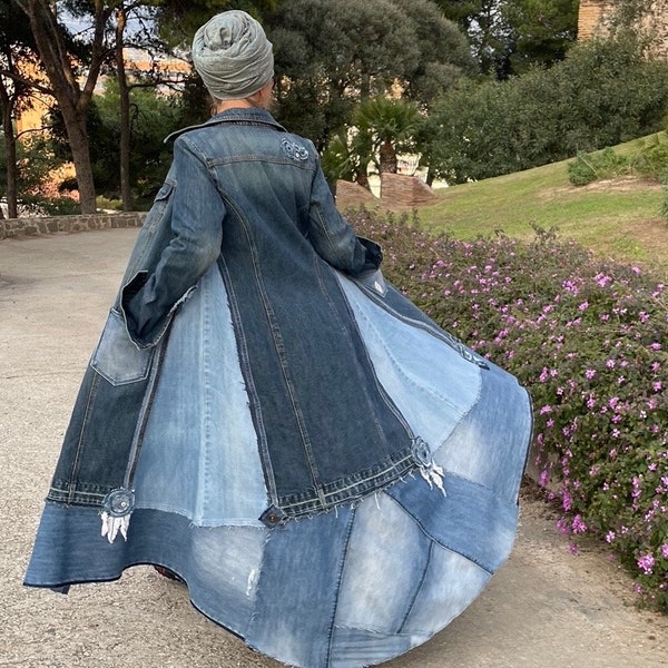 Veste en jean longue recyclée, manteau en jean pour femme, veste en jean longue taille S-M