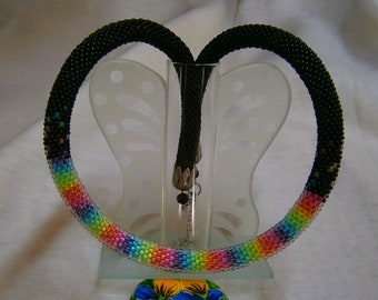 Original necklace made of crochet black and rainbow colors