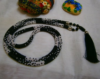 crocheted necklace in black and white rocker beads