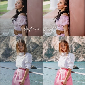 May include: Before and after photos of a woman wearing a pink top and skirt, and a white top and pink skirt. The photos show the difference in lighting and color correction. The text "INSTA BLOGGER" and "mobile + desktop presets" is at the top of the image. The text "before & after" is in the middle of the image. The text "FALLONTRAVELS.COM" is at the bottom of the image.
