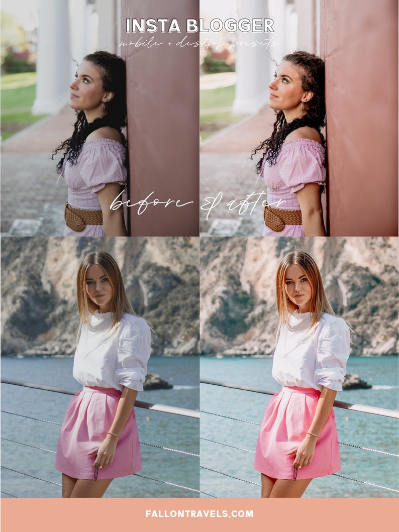 May include: Before and after photos of a woman wearing a pink top and skirt, and a white top and pink skirt. The photos show the difference in lighting and color correction. The text "INSTA BLOGGER" and "mobile + desktop presets" is at the top of the image. The text "before & after" is in the middle of the image. The text "FALLONTRAVELS.COM" is at the bottom of the image.