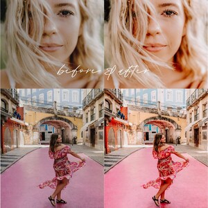 May include: Before and after photo of a woman in a floral dress standing on a pink street in Lisbon, Portugal. The photo on the left is the before photo and the photo on the right is the after photo. The after photo has been edited to make the colors more vibrant and the image more clear.