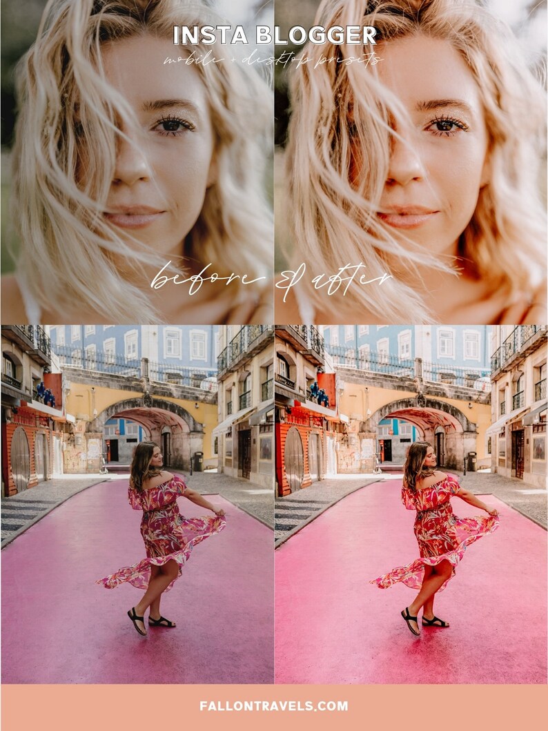 May include: Before and after photo of a woman in a floral dress standing on a pink street in Lisbon, Portugal. The photo on the left is the before photo and the photo on the right is the after photo. The after photo has been edited to make the colors more vibrant and the image more clear.