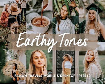 May include: A collage of images showcasing a collection of photo presets called "Earthy Tones" by Fallon Travels. The presets are designed for mobile and desktop use. The images feature people in various settings, including a woman in a graduation cap, a woman in a white shirt and yellow skirt, and a woman in a black shirt.