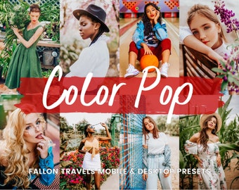 May include: A collage of photos showcasing a variety of people in different settings. The photos are edited with a vibrant color palette and the text "Color Pop" is displayed in a red brushstroke across the center of the image. The text "FALLON TRAVELS MOBILE & DESKTOP PRESETS" is displayed at the bottom of the image.