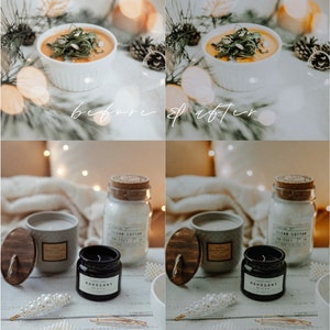 May include: Before and after image showing the effect of a mobile preset on a photo. The before image shows a bowl of soup with a warm, yellow tone. The after image shows the same bowl of soup with a cooler, more blue tone. The second image shows a candle and a jar of candles with a warm, yellow tone. The after image shows the same candle and jar of candles with a cooler, more blue tone.