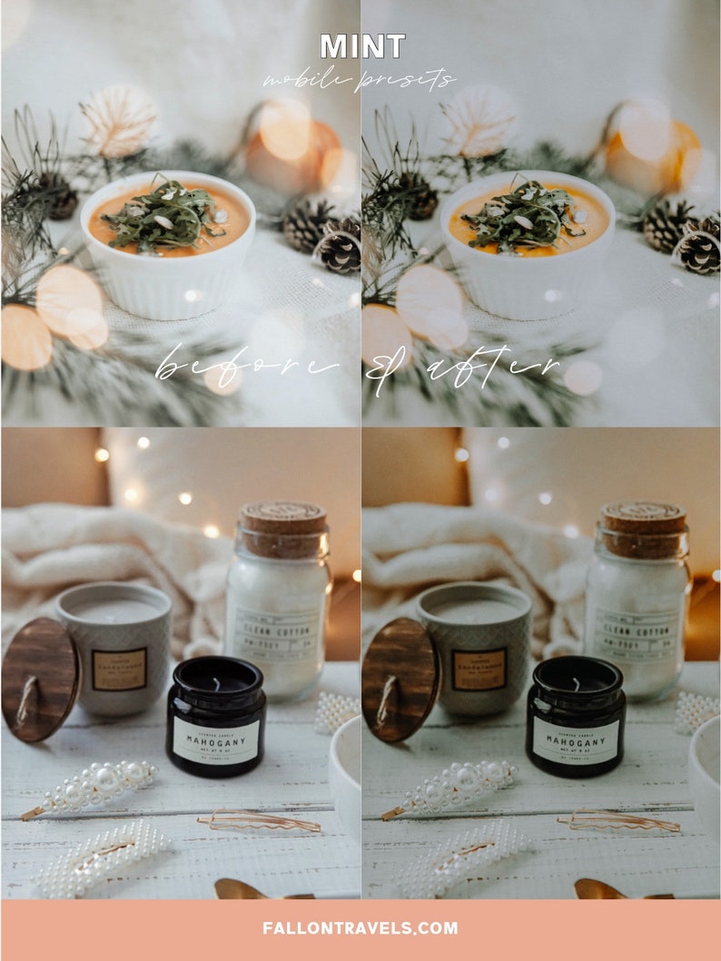 May include: Before and after image showing the effect of a mobile preset on a photo. The before image shows a bowl of soup with a warm, yellow tone. The after image shows the same bowl of soup with a cooler, more blue tone. The second image shows a candle and a jar of candles with a warm, yellow tone. The after image shows the same candle and jar of candles with a cooler, more blue tone.