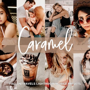 May include: A collage of images featuring a variety of people and objects, including a couple holding a baby, a woman wearing a hat and sunglasses, a woman holding a bowl of food, and a cup of coffee. The images are all edited in a warm, caramel-toned color palette. The text "Caramel" is written in a white script font across the center of the collage. The text "FALLON TRAVELS LIGHTROOM MOBILE PRESETS" is written in a black sans-serif font at the bottom of the collage.