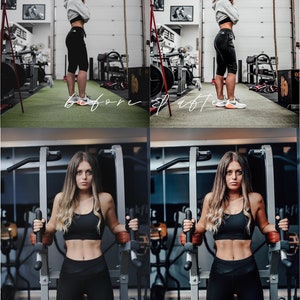 May include: Before and after photos of a woman working out in a gym. The first photo shows the woman wearing a white hoodie and black shorts. The second photo shows the woman wearing a black sports bra and black leggings. The woman is using a pull-up machine in the second photo.