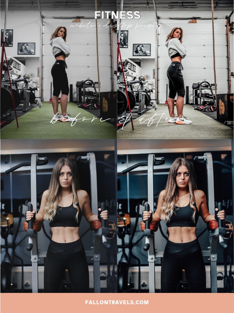May include: Before and after photos of a woman working out in a gym. The first photo shows the woman wearing a white hoodie and black shorts. The second photo shows the woman wearing a black sports bra and black leggings. The woman is using a pull-up machine in the second photo.