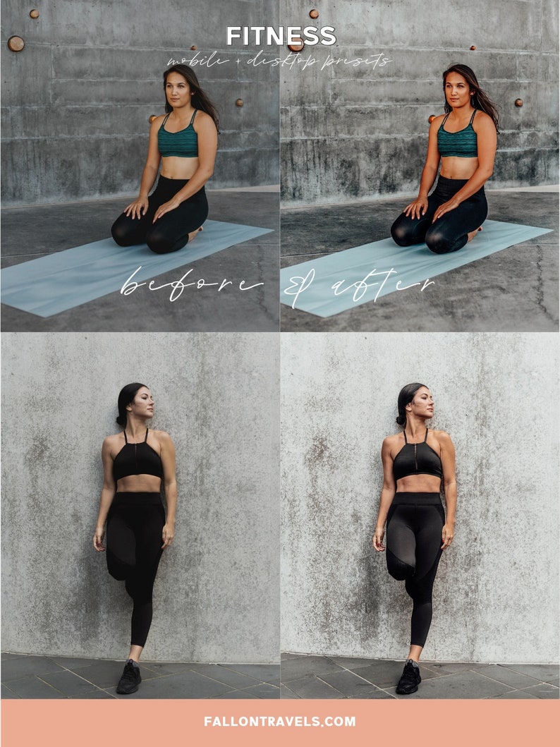 May include: Before and after photos of a woman in a black sports bra and leggings. The first photo shows her sitting on a blue yoga mat in front of a concrete wall. The second photo shows her standing with one leg raised in front of a concrete wall. The text "FITNESS" is at the top of the image, and the text "before & after" is below the photos. The text "FALLONTRAVELS.COM" is at the bottom of the image.