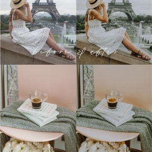 May include: Before and after photo showing the effect of a mobile preset filter on a photo of a woman in a white dress sitting on a ledge in front of the Eiffel Tower. The photo on the right has a warm, vintage-inspired filter applied. The bottom half of the image shows a cup of coffee on a table with a book and flowers.
