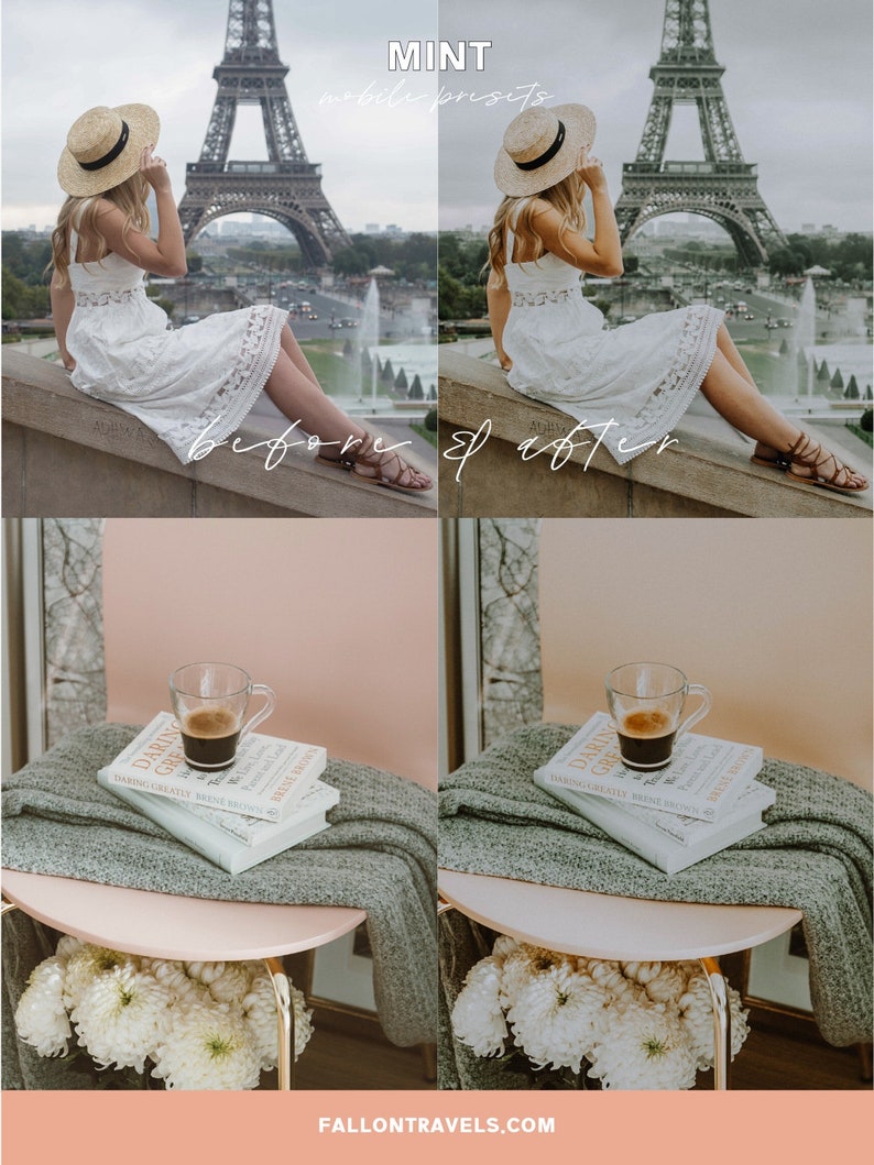 May include: Before and after photo showing the effect of a mobile preset filter on a photo of a woman in a white dress sitting on a ledge in front of the Eiffel Tower. The photo on the right has a warm, vintage-inspired filter applied. The bottom half of the image shows a cup of coffee on a table with a book and flowers.