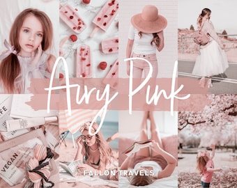 May include: A collage of images in pink and white tones featuring a young girl, a woman in a white shirt and pink pants, a woman in a white dress, a woman reading a book, and a young girl in a pink dress. The text "Airy Pink" is written in white on a pink background.