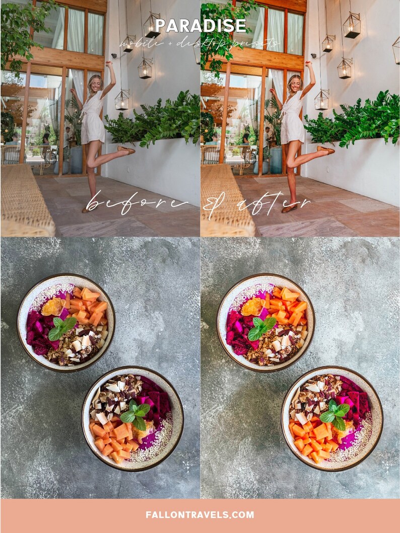 Op de afbeelding: Twee kommen met acai bowls met drakenfruit, papaya, granola en munt. De kommen staan op een grijs, getextureerd oppervlak.