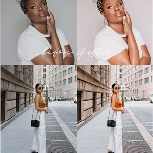 May include: Before and after photo of a woman wearing a white t-shirt and white pants. The photo on the left shows the original image, while the photo on the right shows the image after editing. The text "INSTA BLOGGER" is at the top of the image.
