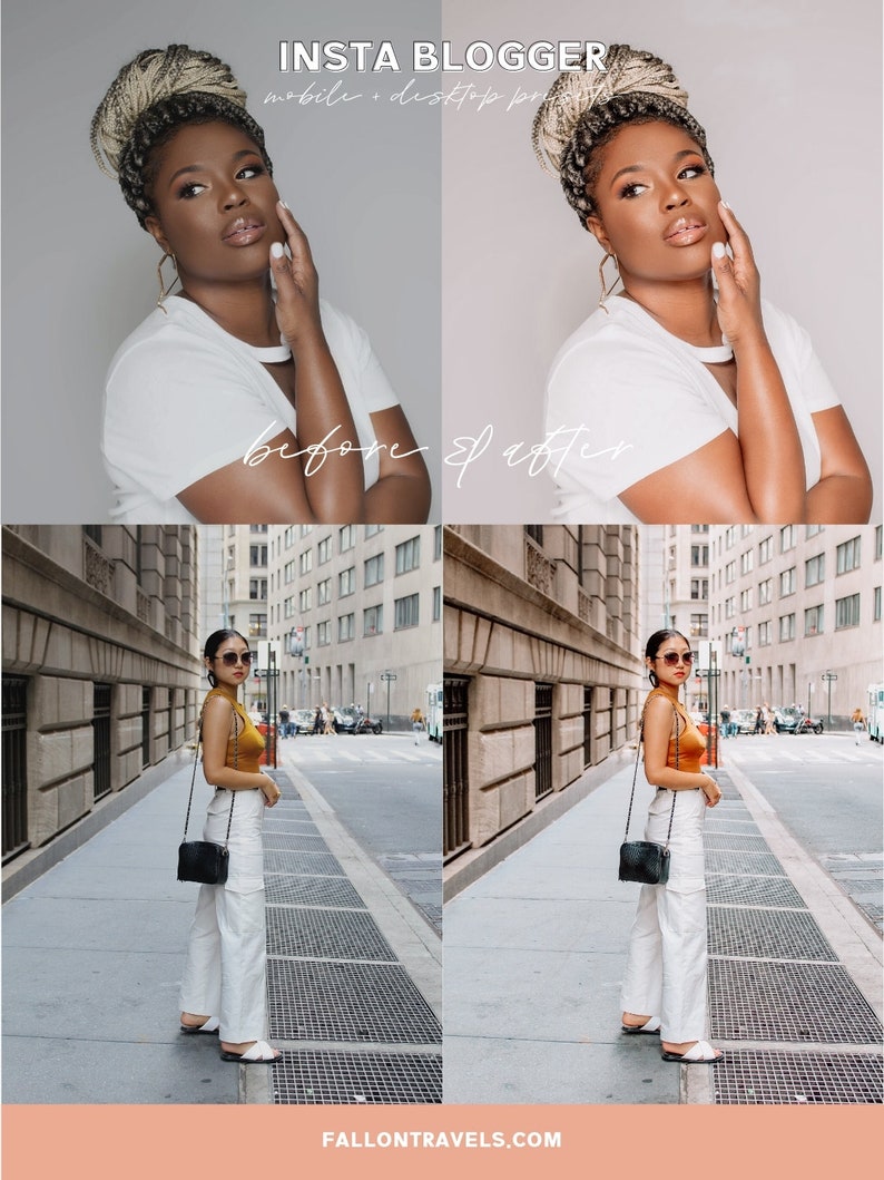May include: Before and after photo of a woman wearing a white t-shirt and white pants. The photo on the left shows the original image, while the photo on the right shows the image after editing. The text "INSTA BLOGGER" is at the top of the image.