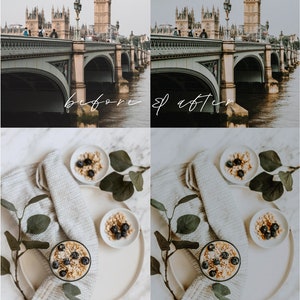 May include: Before and after photo showing the effect of a mobile preset filter on a photo of a bridge in London. The before photo is darker and less vibrant, while the after photo is brighter and more colorful. The preset filter is called "Mint".