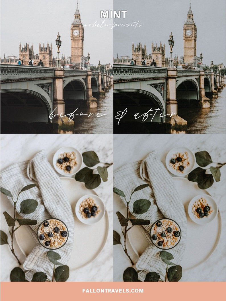 May include: Before and after photo showing the effect of a mobile preset filter on a photo of a bridge in London. The before photo is darker and less vibrant, while the after photo is brighter and more colorful. The preset filter is called "Mint".