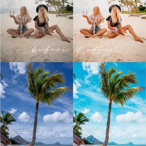 Op de afbeelding: Twee vrouwen in hoeden en zomerkleding gooien zand in de lucht op een strand. De afbeelding is in twee delen gesplitst, die dezelfde sc&egrave;ne laten zien voor en na het toepassen van een filter. Het tweede deel toont een helderdere, levendigere afbeelding. De onderste helft van de afbeelding toont een palmboom op een strand met een berg op de achtergrond. De afbeelding is in twee delen gesplitst, die dezelfde sc&egrave;ne laten zien voor en na het toepassen van een filter. Het tweede deel toont een helderdere, levendigere afbeelding.