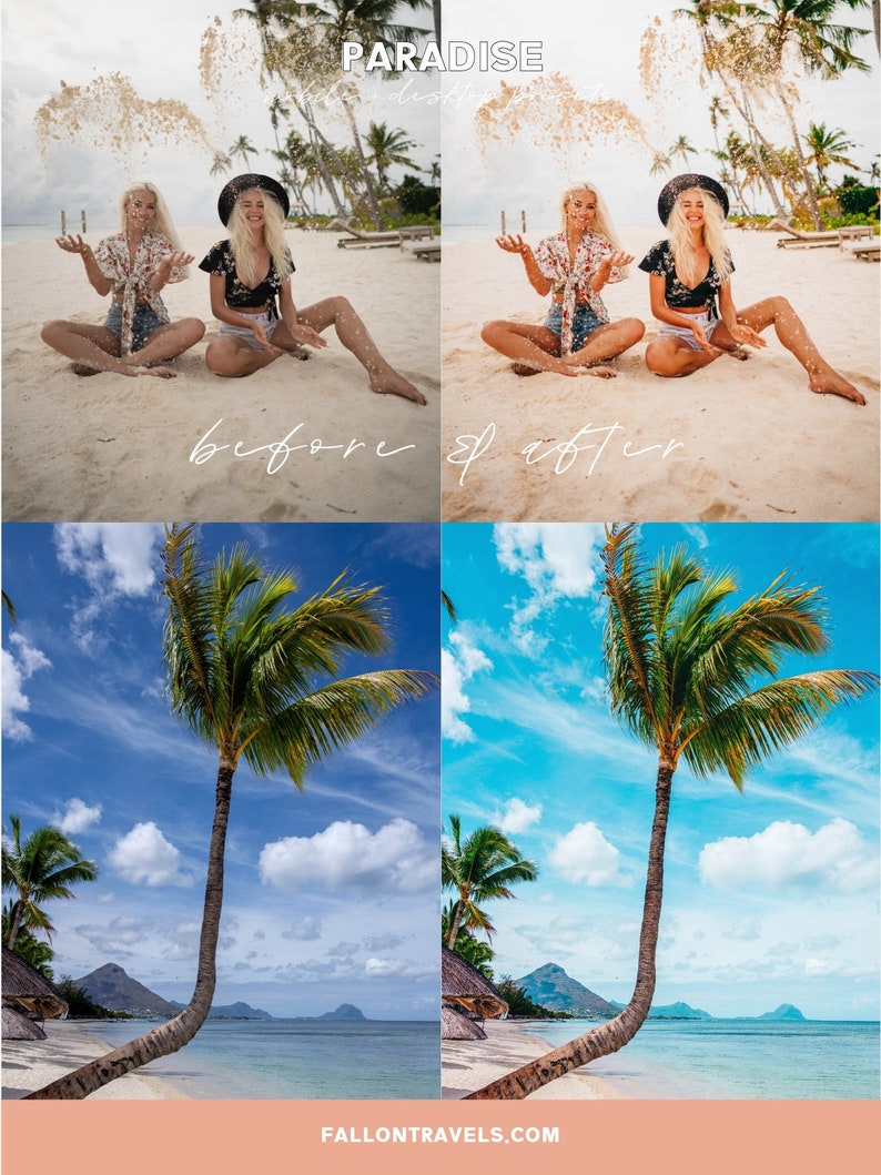 Op de afbeelding: Twee vrouwen in hoeden en zomerkleding gooien zand in de lucht op een strand. De afbeelding is in twee delen gesplitst, die dezelfde sc&egrave;ne laten zien voor en na het toepassen van een filter. Het tweede deel toont een helderdere, levendigere afbeelding. De onderste helft van de afbeelding toont een palmboom op een strand met een berg op de achtergrond. De afbeelding is in twee delen gesplitst, die dezelfde sc&egrave;ne laten zien voor en na het toepassen van een filter. Het tweede deel toont een helderdere, levendigere afbeelding.