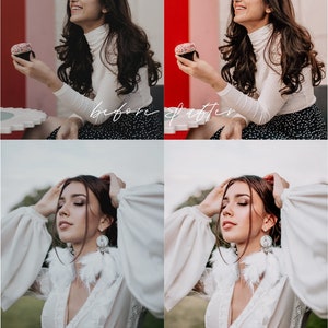 May include: Before and after photo comparison of two images showing a woman wearing different outfits. The first image shows a woman wearing a white turtleneck sweater and a black skirt with white polka dots. She is holding a cupcake with red and white sprinkles. The second image shows a woman wearing a white blouse with long, puffy sleeves and white feather earrings. She is standing in a field with green grass.