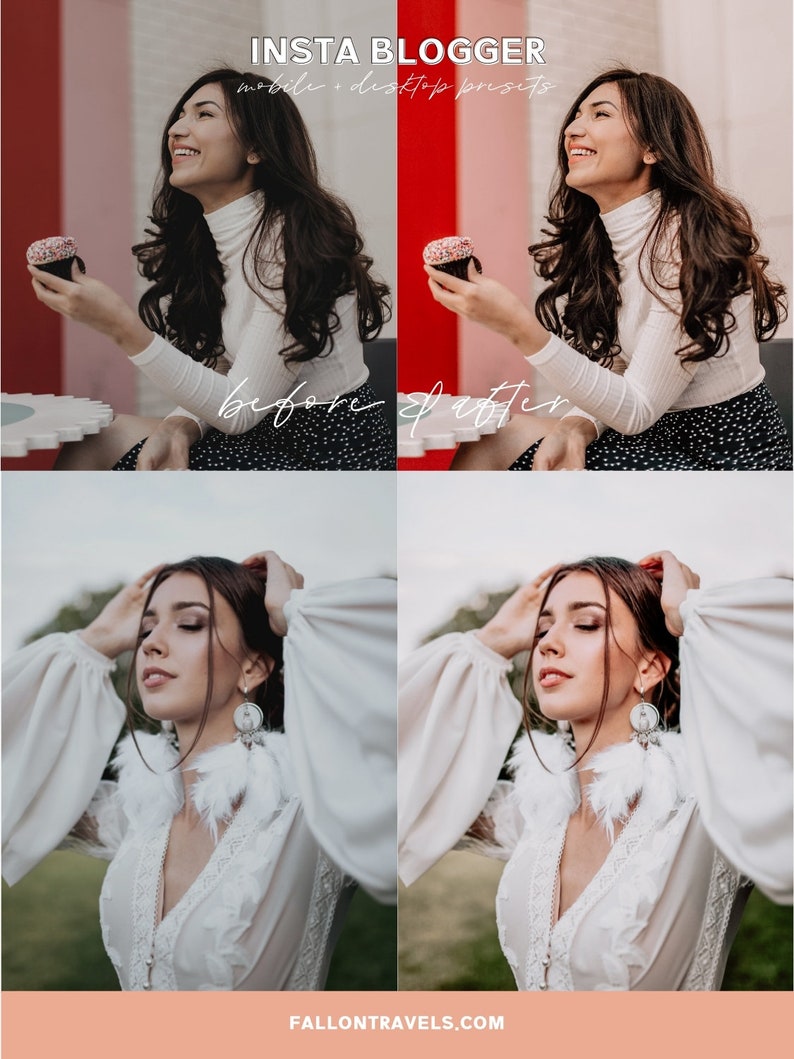 May include: Before and after photo comparison of two images showing a woman wearing different outfits. The first image shows a woman wearing a white turtleneck sweater and a black skirt with white polka dots. She is holding a cupcake with red and white sprinkles. The second image shows a woman wearing a white blouse with long, puffy sleeves and white feather earrings. She is standing in a field with green grass.