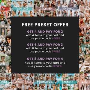 May include: A collage of images with text overlays promoting a free preset offer for photo editing. The offer includes discounts when purchasing 4, 6, or 8 presets. The text includes the promo codes 4FOR2, 6FOR3, and 8FOR4.