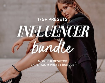 May include: A woman wearing a black blazer and black shorts sits on a concrete surface. The text "175+ PRESETS INFLUENCER bundle MOBILE & DESKTOP LIGHTROOM PRESET BUNDLE" is displayed on the image.