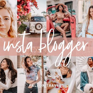 May include: A collage of images featuring a variety of travel and lifestyle scenes. The images include a woman in a red convertible, a woman in a white shirt, a woman in a floral top, a woman in a white turtleneck, a woman in a denim jacket, and a woman in a bathtub reading a magazine. The text "insta blogger" and "FALLON TRAVELS" are also included in the collage.
