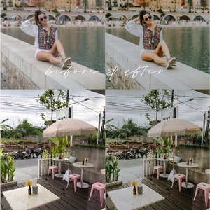 May include: Before and after photos showing the effect of a mobile preset filter on two images. The first image shows a woman sitting on a stone wall by the water. The second image shows the same woman sitting on the same wall, but the image has been edited with a filter to make the colors more vibrant and the overall image brighter. The second image also shows a cafe with pink chairs and a striped umbrella with the word "GIVE" on it.