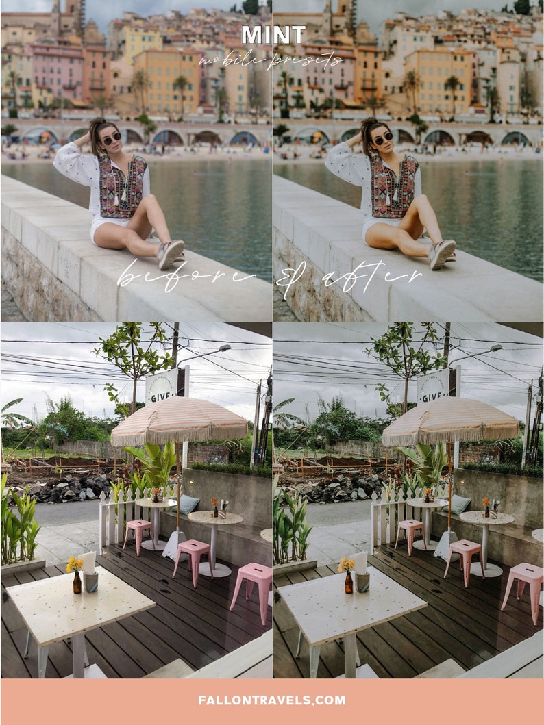 May include: Before and after photos showing the effect of a mobile preset filter on two images. The first image shows a woman sitting on a stone wall by the water. The second image shows the same woman sitting on the same wall, but the image has been edited with a filter to make the colors more vibrant and the overall image brighter. The second image also shows a cafe with pink chairs and a striped umbrella with the word "GIVE" on it.