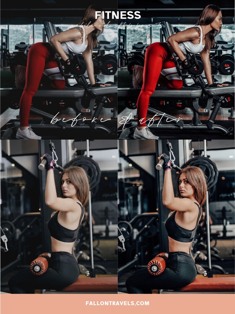 May include: Before and after photos of a woman working out in a gym. The first photo shows her wearing red leggings and a white tank top, lifting weights. The second photo shows her wearing black leggings and a black sports bra, using a lat pulldown machine.