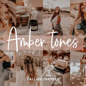 May include: A collage of images featuring people in various settings with warm, amber tones. The images include a woman with long hair, a woman in a white dress, a woman sitting on a bed, and a woman standing in a doorway. The text "Amber tones" is superimposed over the images.