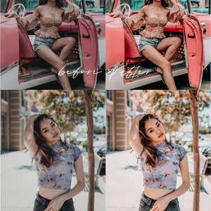 May include: Before and after photo editing examples. The first image shows a person wearing a floral top and denim shorts sitting in a vintage car. The second image shows the same person in a similar pose, but the photo has been edited to have a more vibrant and warm color palette. The second set of images shows a person wearing a floral mesh top and denim jeans standing in front of a tree. The second image shows the same person in a similar pose, but the photo has been edited to have a more vibrant and warm color palette.