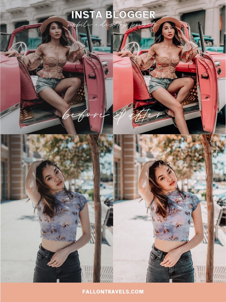 May include: Before and after photo editing examples. The first image shows a person wearing a floral top and denim shorts sitting in a vintage car. The second image shows the same person in a similar pose, but the photo has been edited to have a more vibrant and warm color palette. The second set of images shows a person wearing a floral mesh top and denim jeans standing in front of a tree. The second image shows the same person in a similar pose, but the photo has been edited to have a more vibrant and warm color palette.