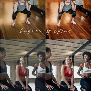 May include: Before and after photos of women working out in a gym. The first photo shows a woman doing squats with a resistance band. The second photo shows three women sitting on the floor, smiling and talking. The photos are labeled "before" and "after".