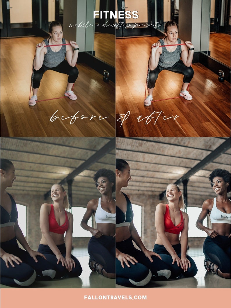 May include: Before and after photos of women working out in a gym. The first photo shows a woman doing squats with a resistance band. The second photo shows three women sitting on the floor, smiling and talking. The photos are labeled "before" and "after".