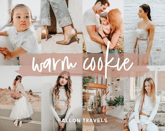 May include: A collage of images featuring people in various settings. The images are edited with a warm, vintage filter. The text "warm cookie" is superimposed over the images. The text "FALLON TRAVELS" is at the bottom of the collage.