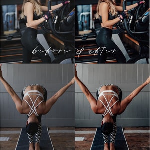 May include: Before and after photos of a woman working out. The first photo shows her on an elliptical machine, the second shows her doing a yoga pose. The photos are edited with a mobile and desktop preset.