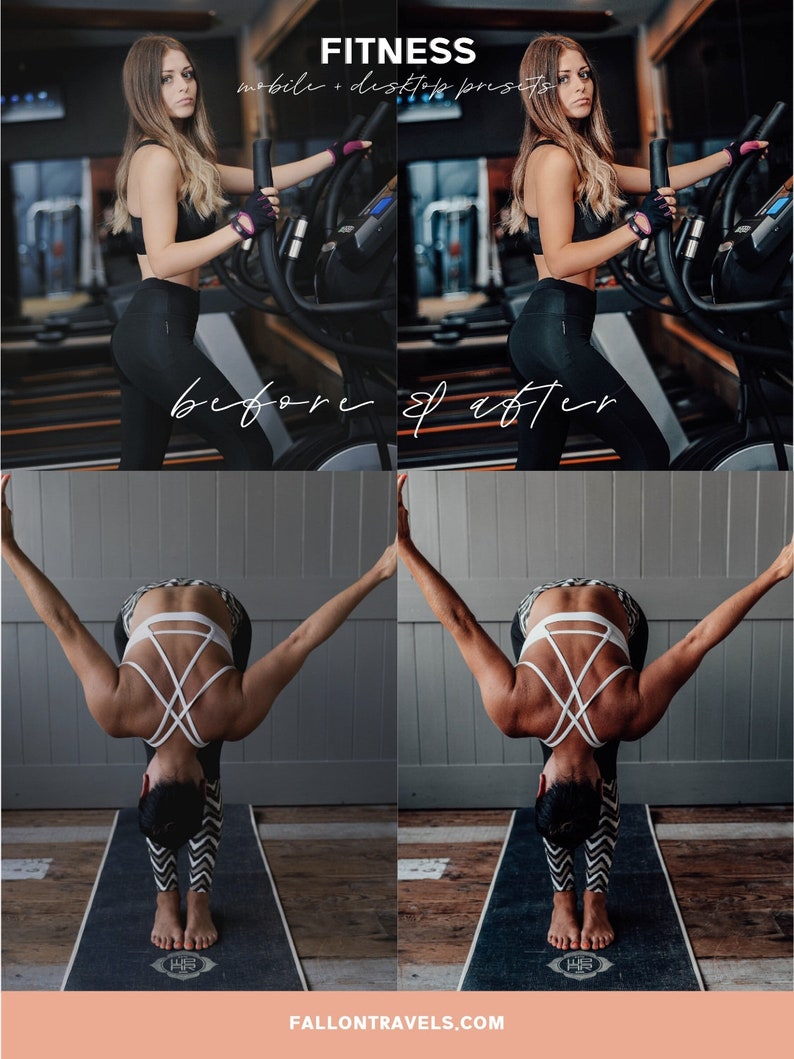 May include: Before and after photos of a woman working out. The first photo shows her on an elliptical machine, the second shows her doing a yoga pose. The photos are edited with a mobile and desktop preset.