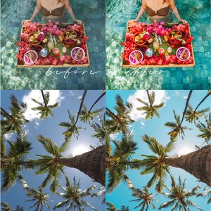 Op de afbeelding: Een voor-en-na foto die de effecten van een mobiele fotobewerking-app laat zien. De linkerbovenste afbeelding toont een vrouw in een zwembad die een dienblad met eten vasthoudt. De rechterbovenste afbeelding toont dezelfde sc&egrave;ne met verbeterde kleuren en helderheid. De linkeronder afbeelding toont een uitzicht op palmbomen tegen een blauwe lucht. De rechteronder afbeelding toont dezelfde sc&egrave;ne met een meer levendige blauwe lucht en helderdere groene palmbomen. De tekst "PARADISE" is zichtbaar in de linkerbovenste afbeelding. De tekst "before" is zichtbaar in de linkeronder afbeelding. De tekst "after" is zichtbaar in de rechteronder afbeelding. De tekst "FALLONTRAVELS.COM" is zichtbaar onderaan de afbeelding.
